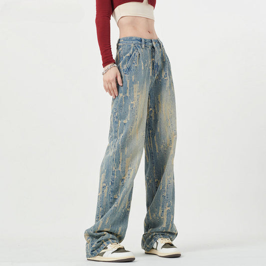 Men Jeans Washed Straight Jeans Loose Do the Old Cowboy Trousers