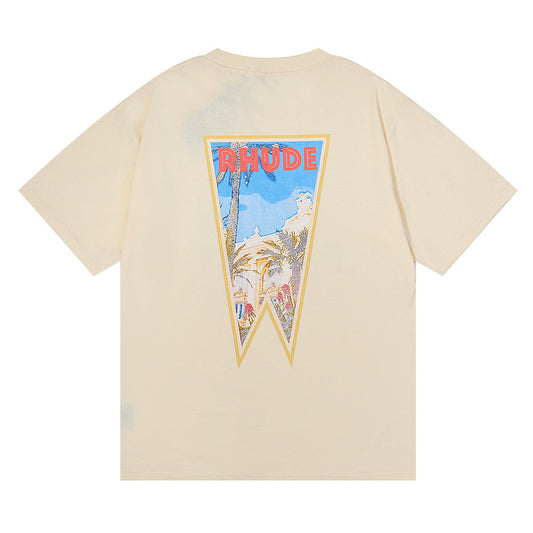 Rhude T Shirt Oil Painting Coconut Tree Printed Pure Cotton Hip Hop Men and Women Casual