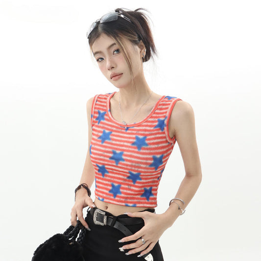 Women Vest Summer Vintage Stripe Sleeveless Vest