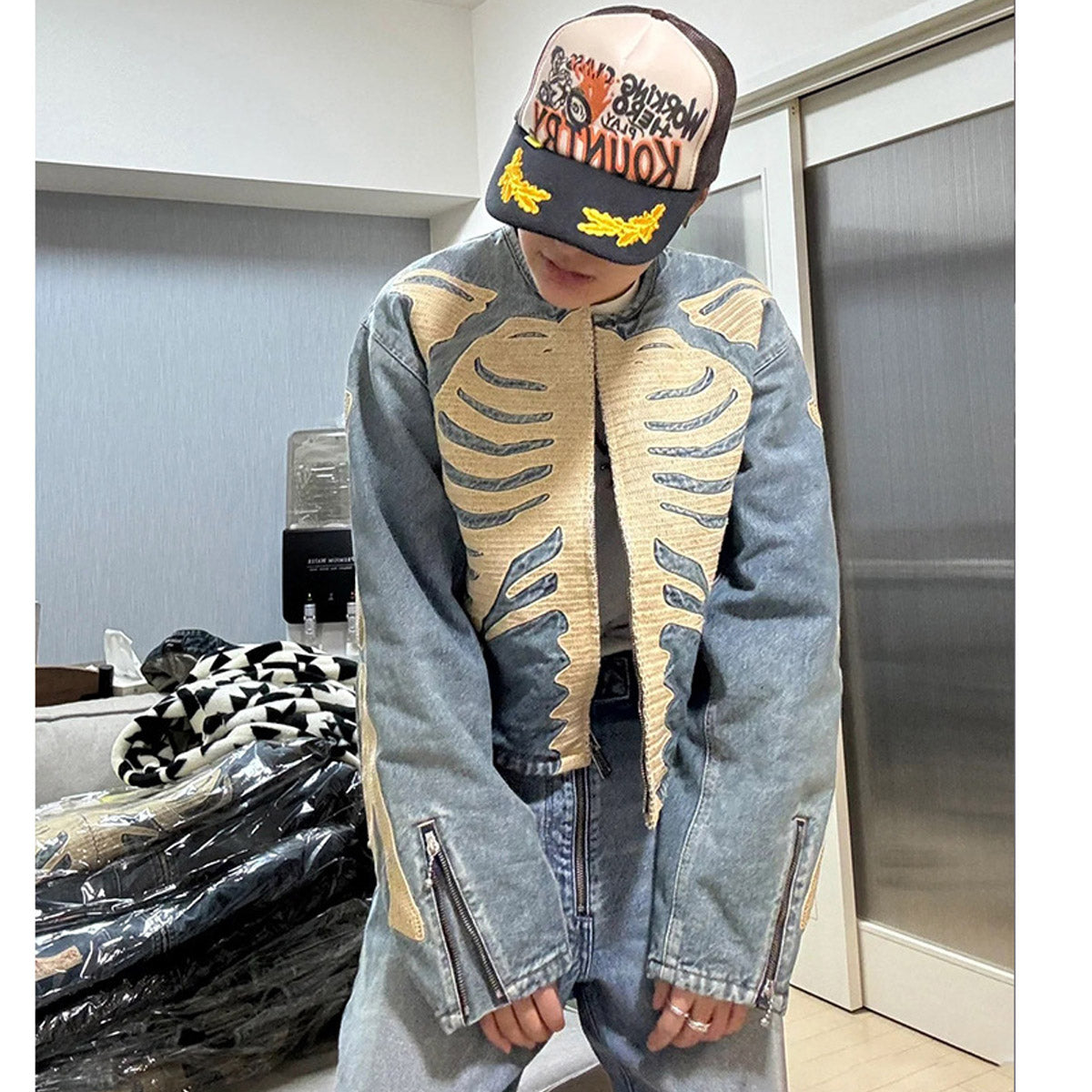 Unisex Denim Jacket Skeleton Embroidered Loose Cardigan Denim Jacket
