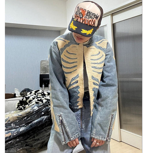 Unisex Denim Jacket Skeleton Embroidered Loose Cardigan Denim Jacket