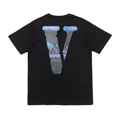 Vlone T Shirts V-Shaped Female Somke Printed Short Sleeve T-shirt Men and Women Hip Hop Couple Half Sleeve