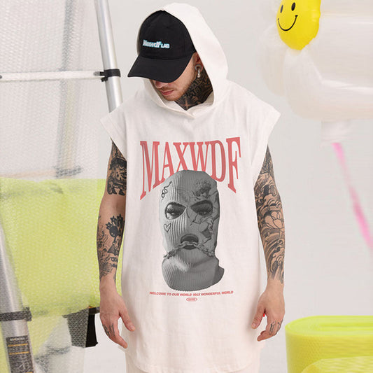 Men Vest Hooded Vest Retro Hip Hop Sleeveless T-shirt Men