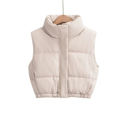 Women Cotton Coat Casual Stand Collar Imitation Leather Vest