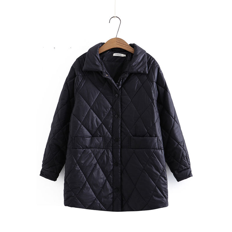 Women Cotton Coat plus Size Diamond Plaid Loose Slimming and Warm