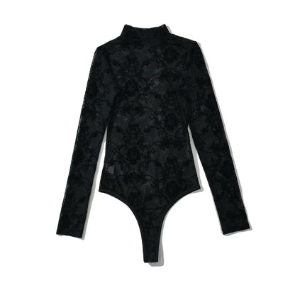 Women Tops Summer Flocking Mesh Stand Collar Jumpsuit Sexy Top