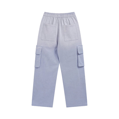 Men Sweatpants Wash Water Gradient Tie-Dye Straight-Leg Trousers Embroidery Loose Pockets Workwear Casual Pants