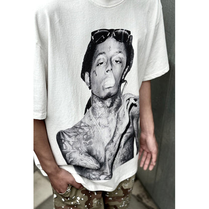 Unisex T-Shirts Vintage Lil Wayne Portrait Print, Hip Hop Loose Tee