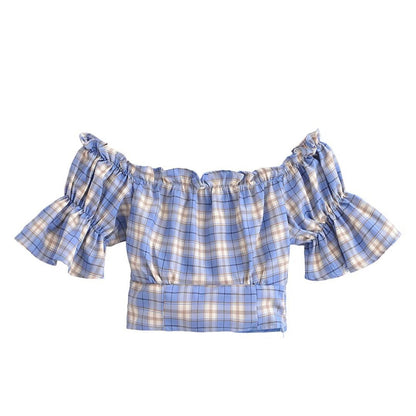 Women Tops Summer Puff Sleeve Plaid Top Short Shirt
