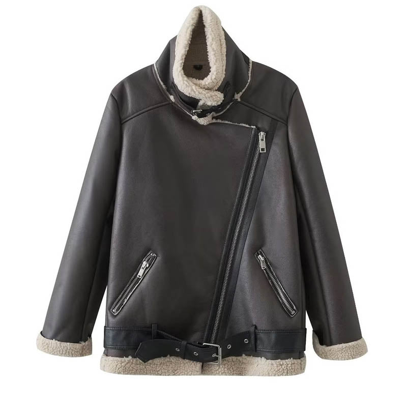 Women Cotton Coat Stand Collar Zipper Leather Coat Warm