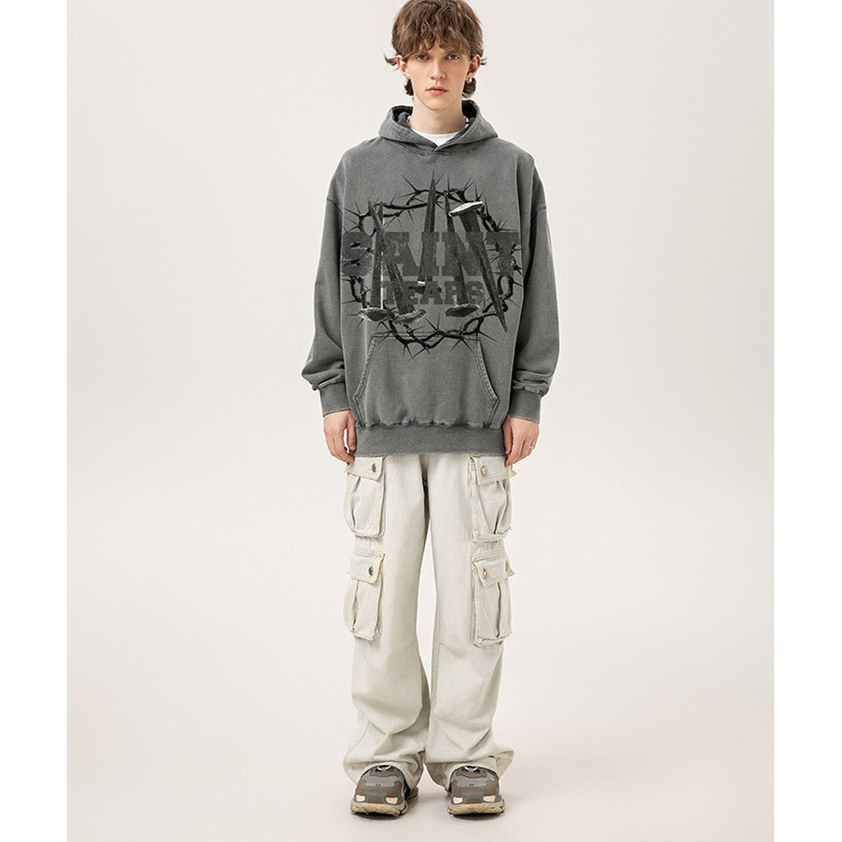 Unisex Hoodies Saint Michael Nail Pattern Old Loose Hoodie