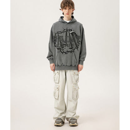 Unisex Hoodies Saint Michael Nail Pattern Old Loose Hoodie