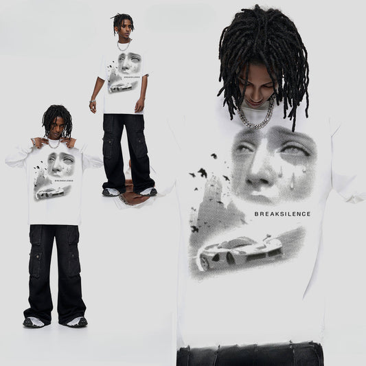 Vintage T-shirts Printed Short Sleeve T-Shirt Cotton White Loose T-Shirt