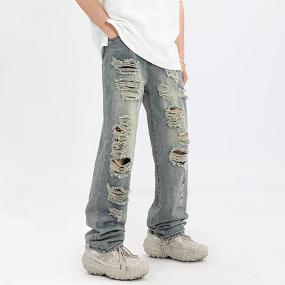 Men Jeans Ripped Jeans Vintage Distressed Straight-Leg Denim Trousers