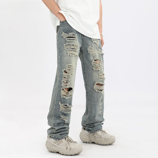 Men Jeans Ripped Jeans Vintage Distressed Straight-Leg Denim Trousers