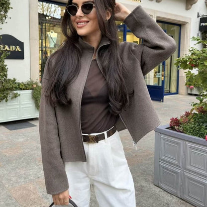 Women Tops Spring Double Zip Jacket Jacket Stand-Up Collar Top