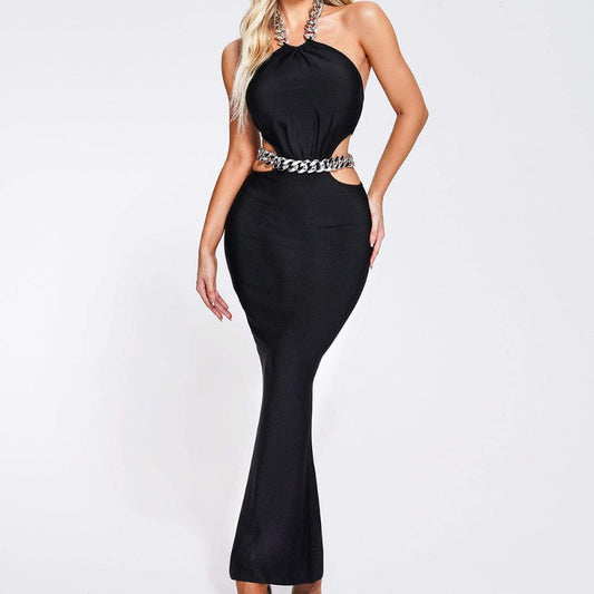 Women Evening Dress Hollow-out Midriff Backless Black Dress Bandage Gown