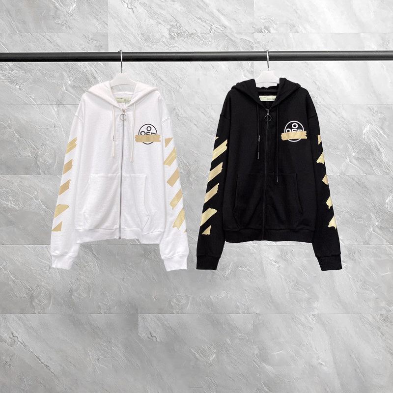 OW Hoodie Hot Stamping Tape Zipper Long-sleeved Sweatshirt
