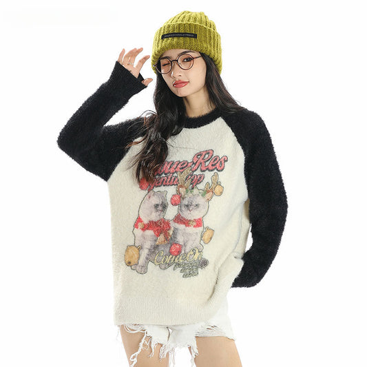 Women Sweater Color Matching Sweater Sweater Retro Loose All-Matching