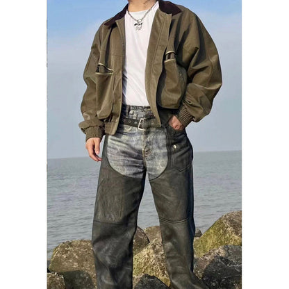 Unisex Pants Vintage Spliced Belt Trim Jeans