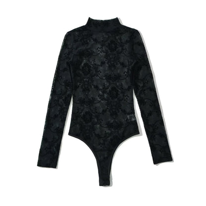 Women Tops Summer Flocking Mesh Stand Collar Jumpsuit Sexy Top