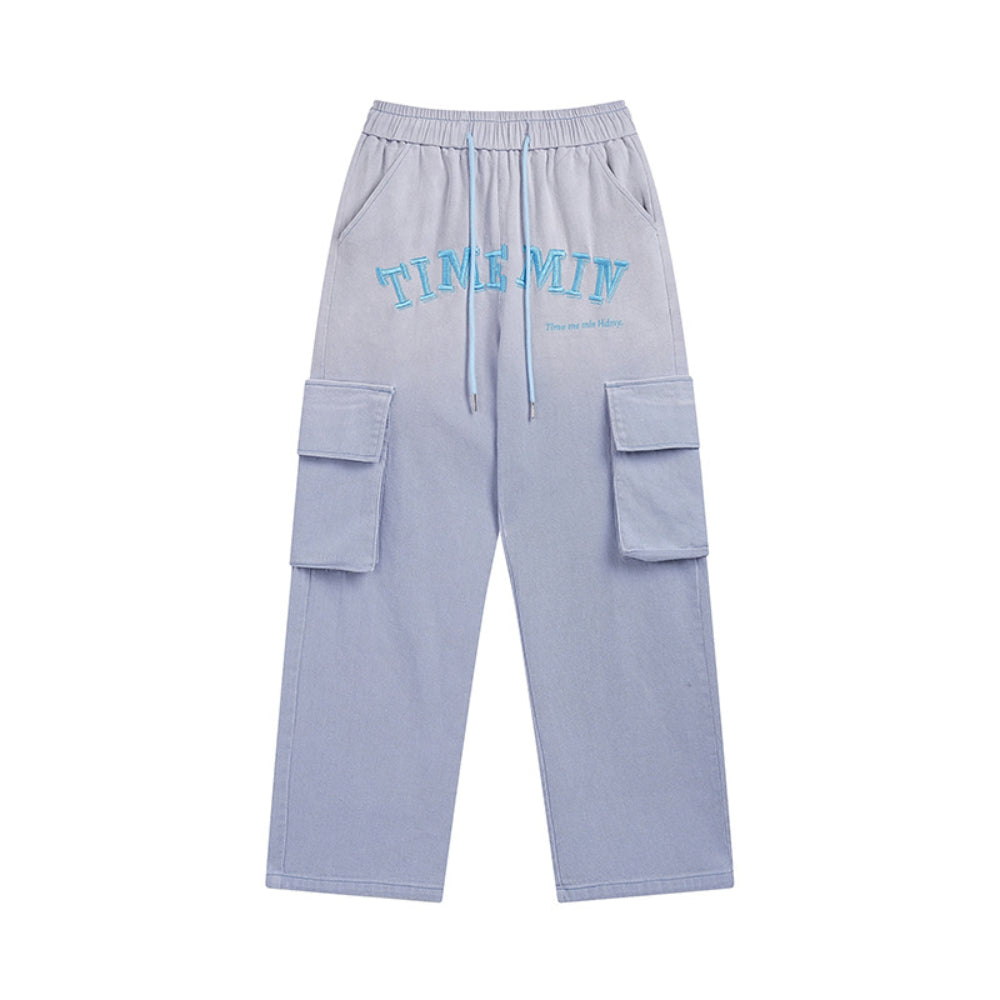 Men Sweatpants Wash Water Gradient Tie-Dye Straight-Leg Trousers Embroidery Loose Pockets Workwear Casual Pants