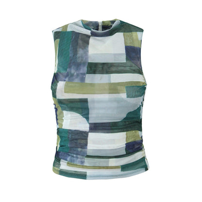 Women Tops Summer Mesh Printed Pleated T-shirt Vest