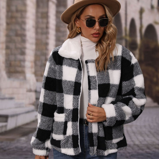 Women Trench Coat Lapel Long Sleeve Loose Zip Plaid Double-Sided Velvet Casual Jacket
