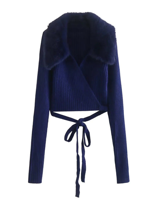 Women Sweater Knit Wear Wool Lapel Cross Short Knitted Jacket