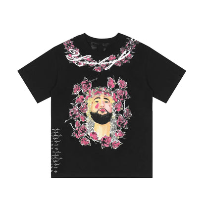 Vlone T Shirts Character Floral Short Sleeve T-shirt Printed Men and Women High Street Half Sleeve Shirt
