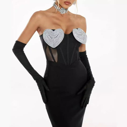 Women Evening Dress Black Strapless Mesh Sexy Sheath Dress