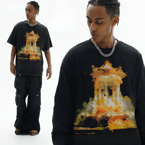 Vintage T-shirts Fantasy Amusement Park Printed Washed Old Printed Short Sleeve T-Shirt
