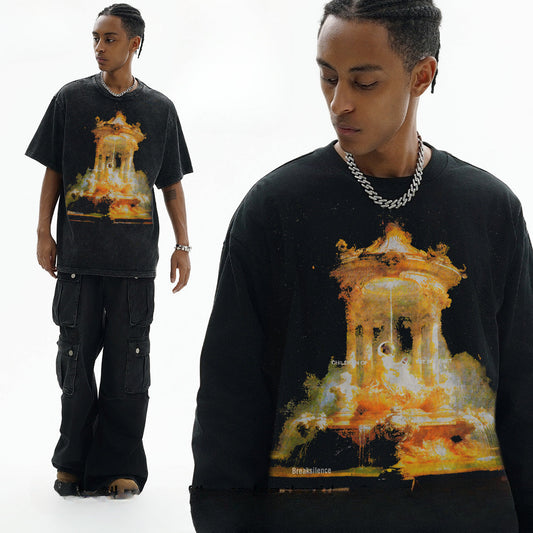 Vintage T-shirts Fantasy Amusement Park Printed Washed Old Printed Short Sleeve T-Shirt