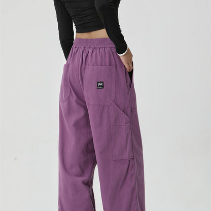 Men Sweatpants Retro Workwear Casual Pants Men Vintage Loose Wide Leg Mop Pants Solid Color Straight-Leg Trousers