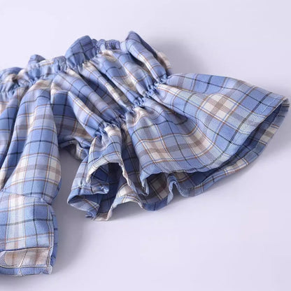 Women Tops Summer Puff Sleeve Plaid Top Short Shirt