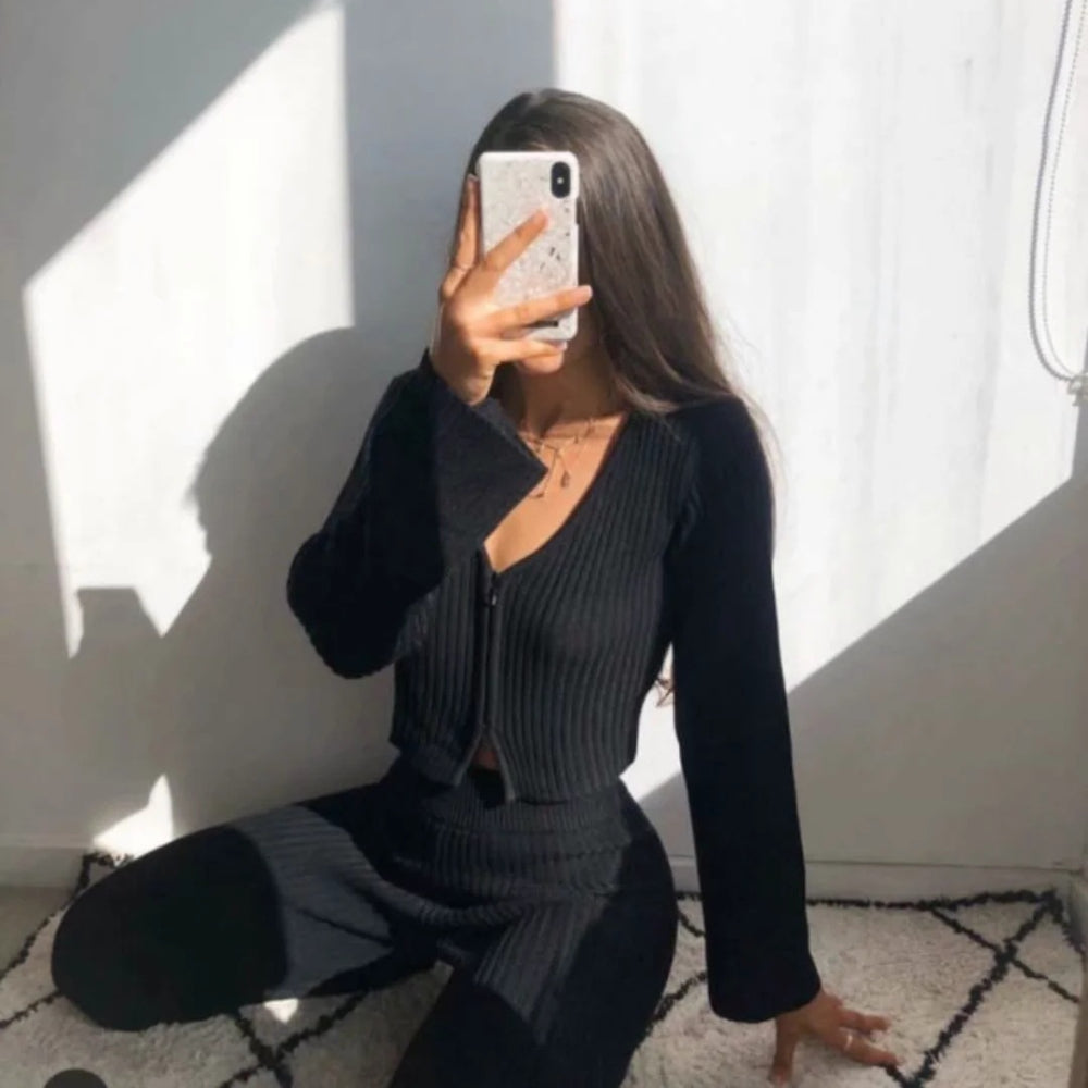Women Sweater Knit Wear Spring and Autumn Double Zipper Knitted Cardigan Jacket