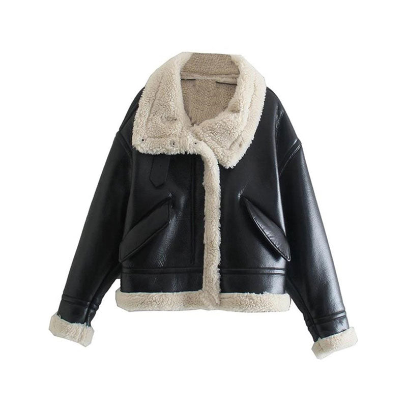 Women Cotton Coat Fleece Faux Leather Thermal Jacket