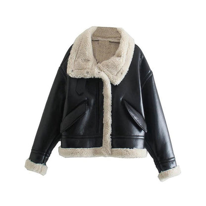 Women Cotton Coat Fleece Faux Leather Thermal Jacket