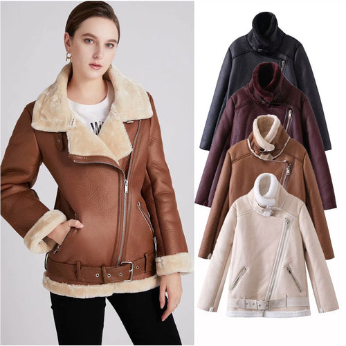 Women Cotton Coat Lamb Wool Thickened Warm Leather Coat
