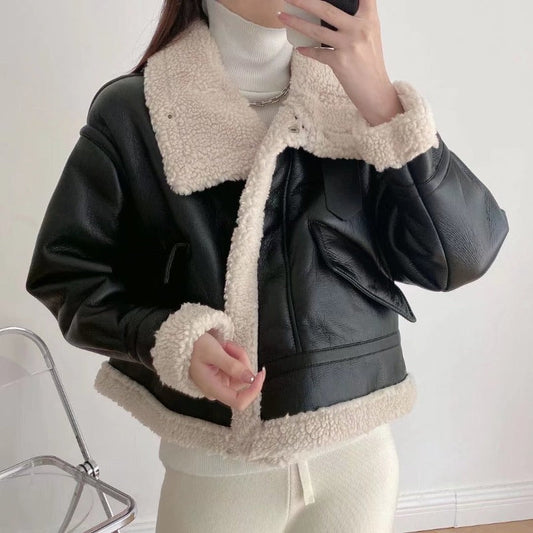 Women Leather Jacket Winter PU Leather High Collar Short Section Leather Coat