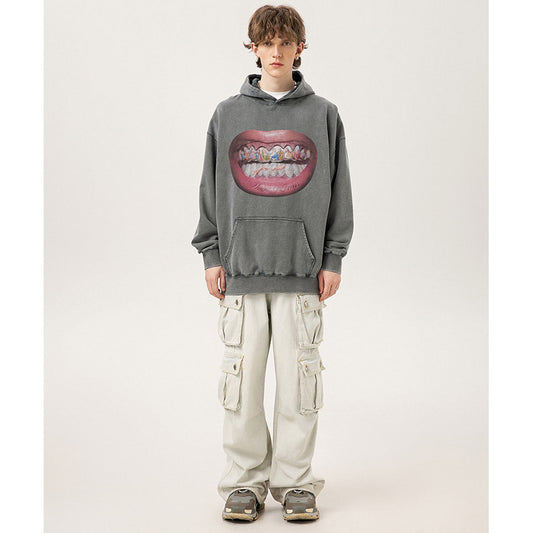 Unisex Hoodies Saint Michael Big Mouth Pattern Made Old Hoodie