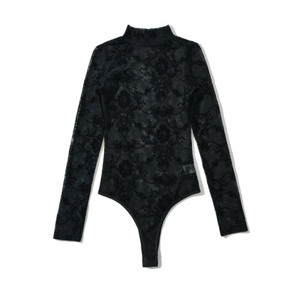 Women Tops Summer Flocking Mesh Stand Collar Jumpsuit Sexy Top