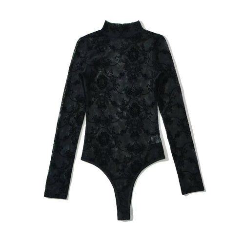Women Tops Summer Flocking Mesh Stand Collar Jumpsuit Sexy Top