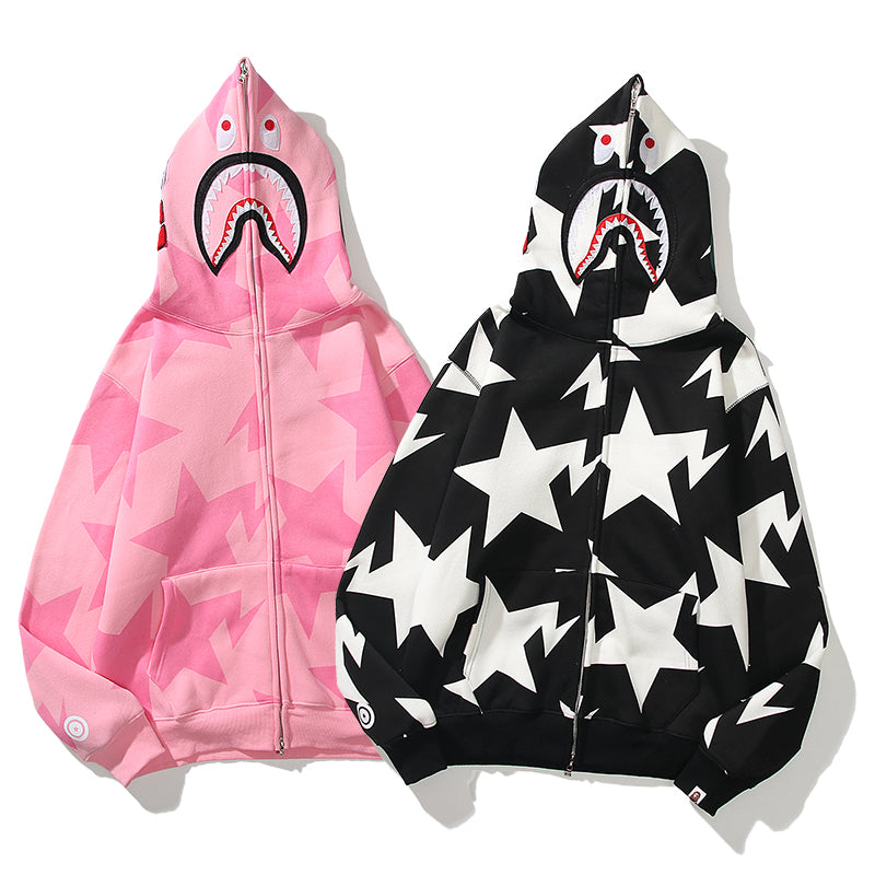 Star Print Designer Shark Full Zip Up Unisex Hoodie Style Streetwear Made with High-Quality Material