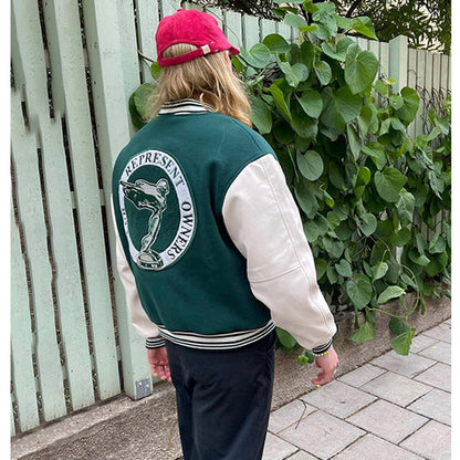 Unisex Baseball Jersey Represents Embroidered Leather Sleeve Baseball Jacket