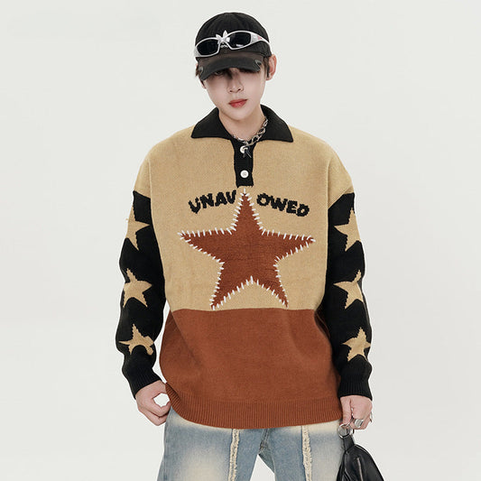 Women Sweater Vintage Preppy Style Polo Lapel Knitted Sweater