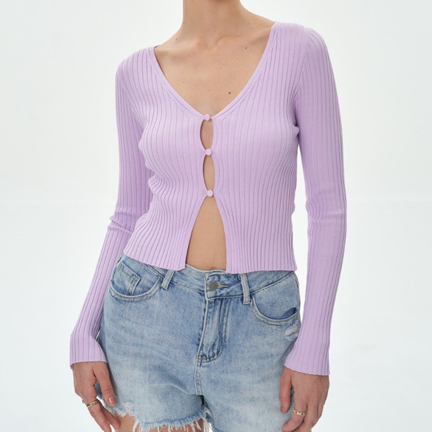 Women Tops Spring/Summer V-neck Hollow Cardigan Solid Color Short Top