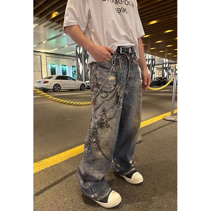 Unisex Pants Distressed Ink-splashed Loose-fitting Chain Jeans