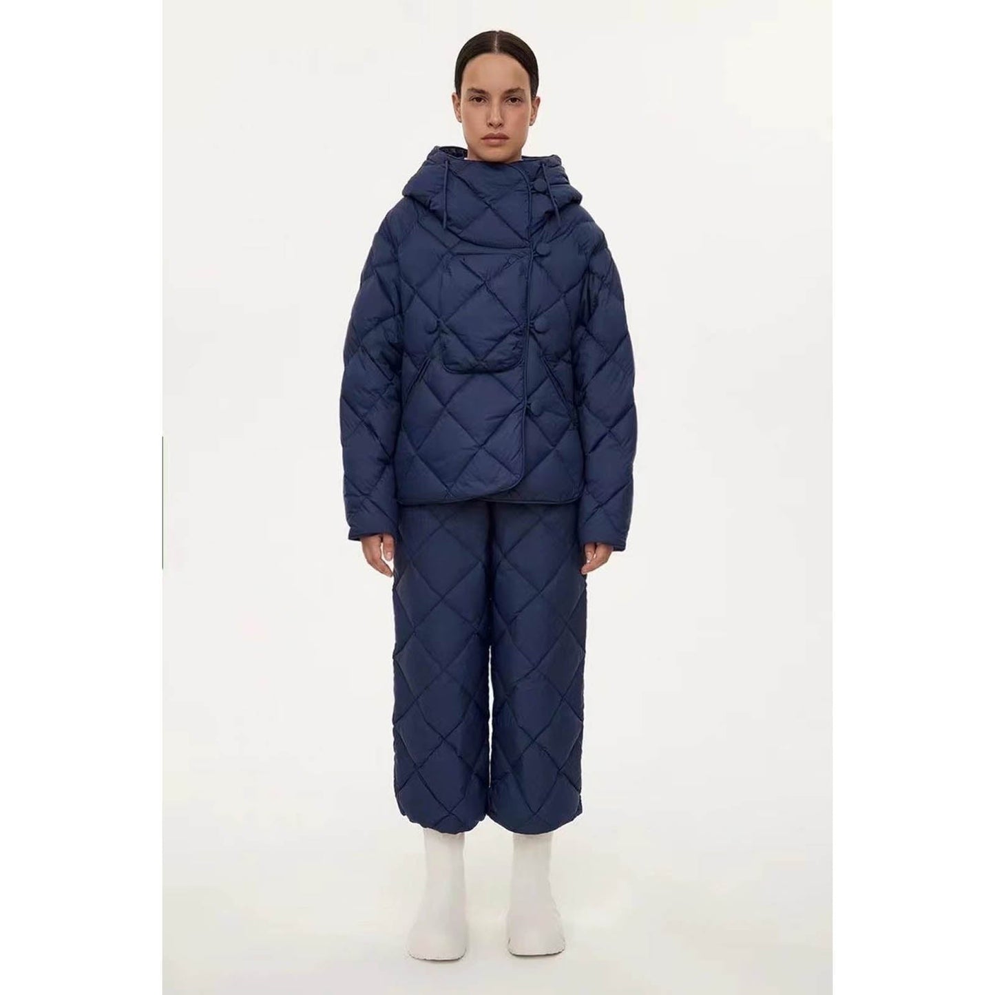 Women Cotton Coat Breasted Loose and Warm Diamond Grid Cotton Jacket