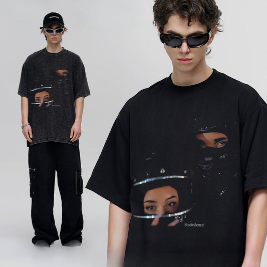 Vintage T-shirts Locomotive Junior Print Short Sleeve Loose Cotton